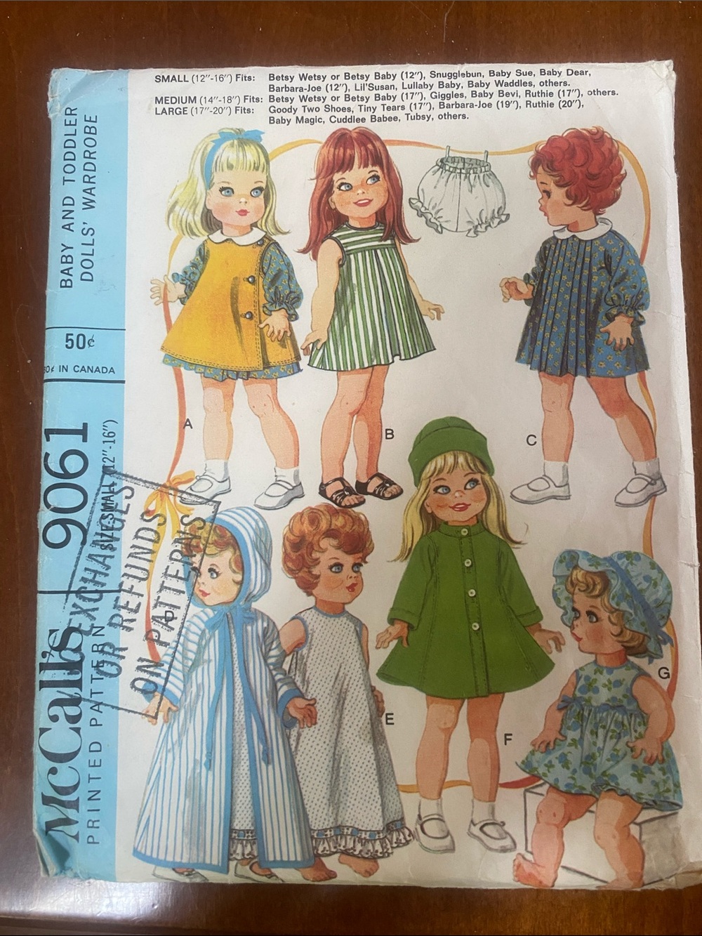 Vintage McCall's 9061 Baby & Toddler Doll Clothes Pattern Small